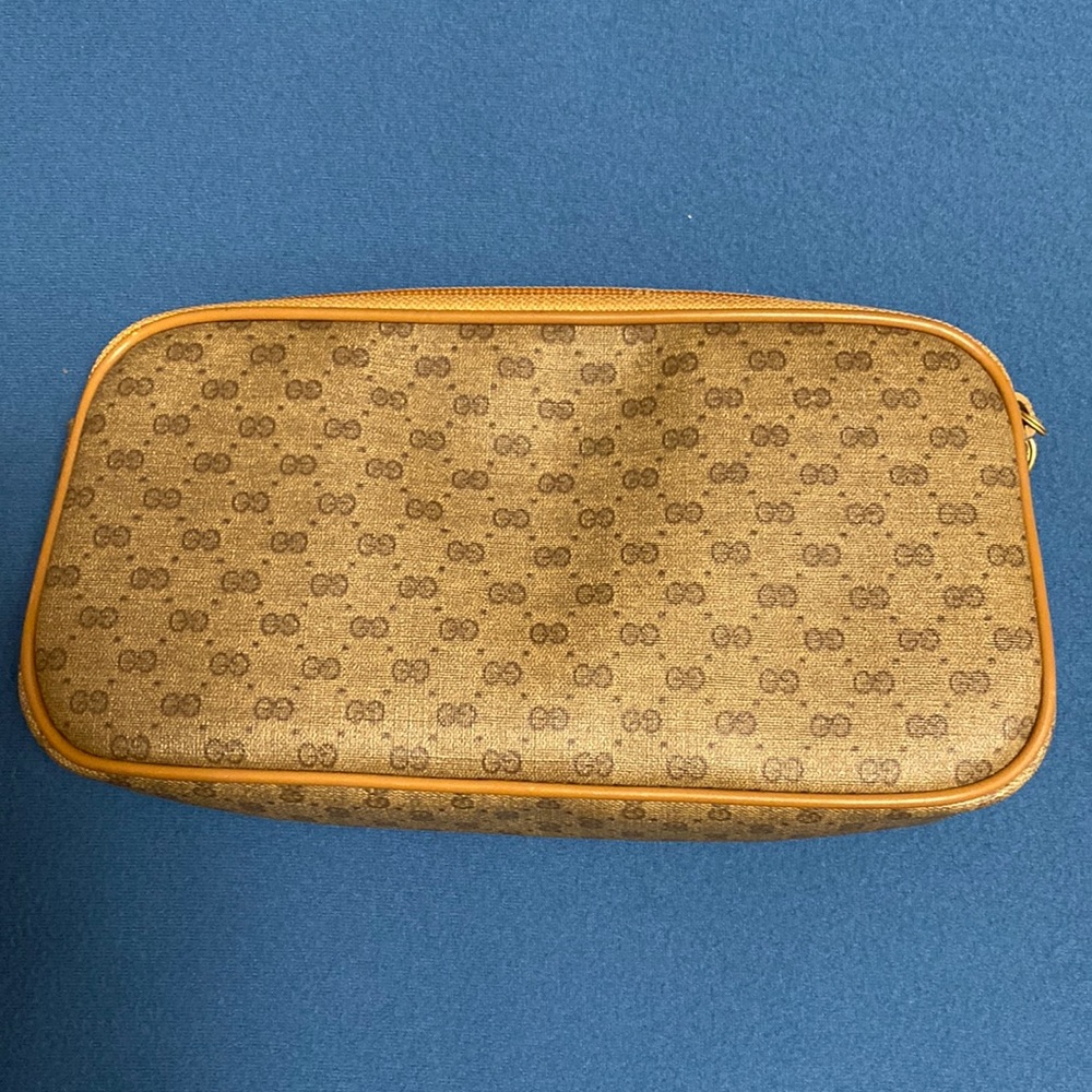 Gucci Cosmetic Pouch Brown Beige GG Canvas Leather Used Good Condition